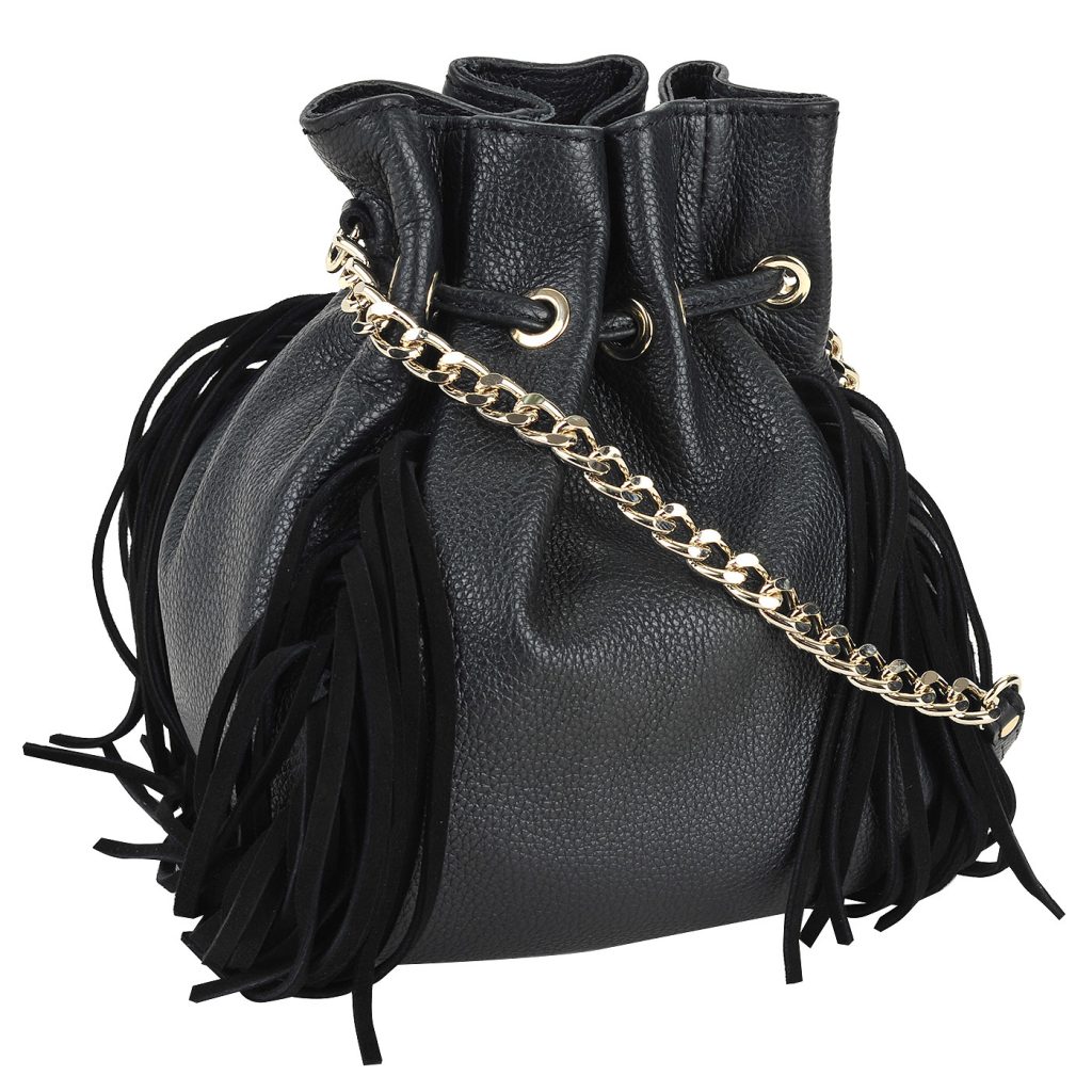 Черная сумка-торба с бахромой и цепочкой